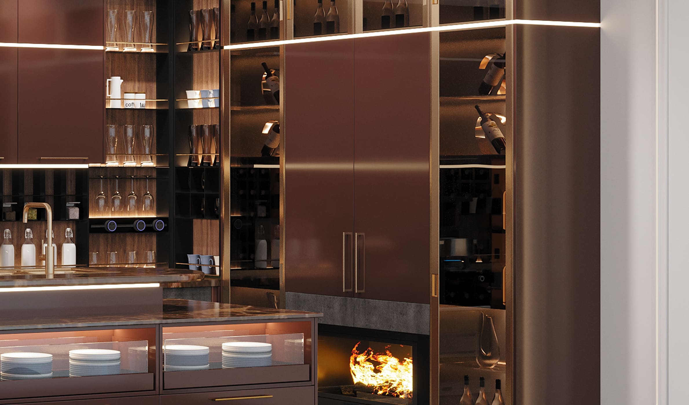 玻璃镜面映衬琳琅酒具<br>将佳酿典藏<br>彰显居者奢华品质